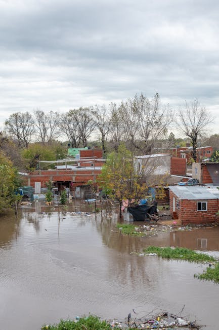 A flood-affected urban garden scene showing partially submerged ground with standing water extending across a landscaped area. In the background, there are several small brick structures, possibly she